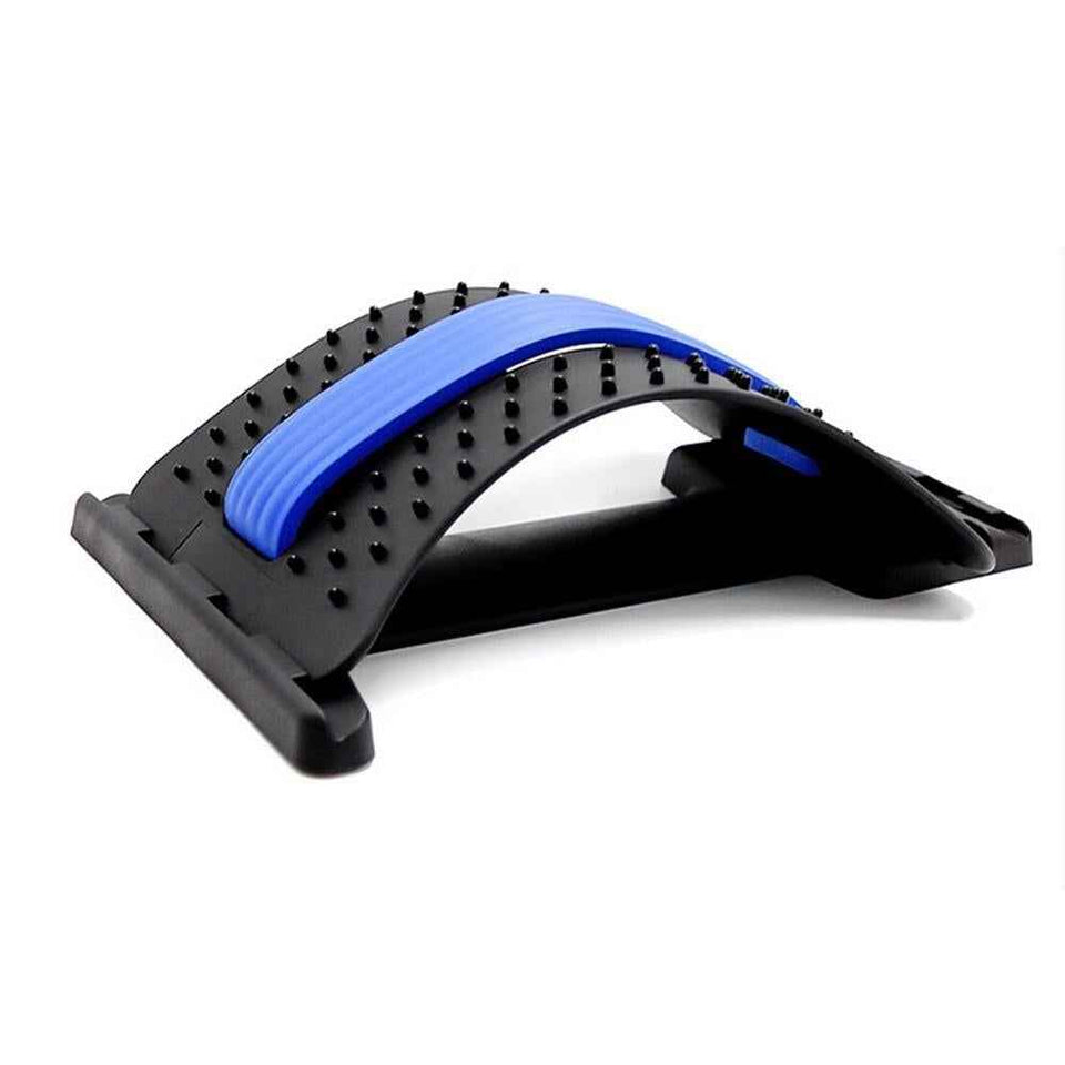 Massage stretcher with blue padded arch, black frame, and raised nubs