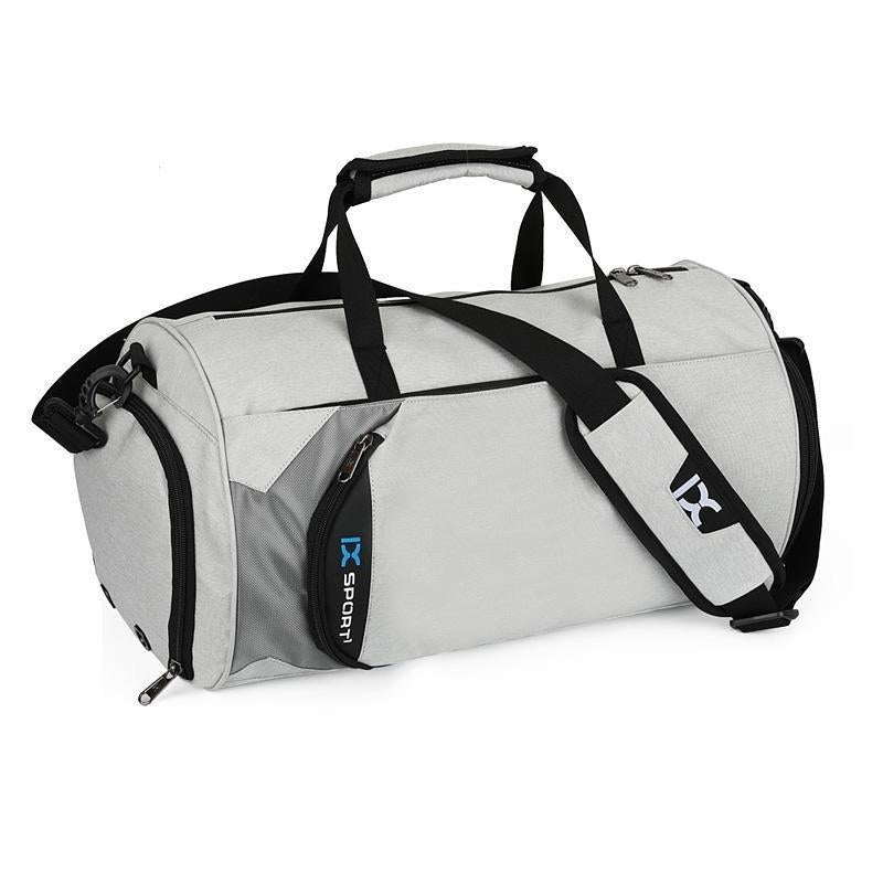 Light gray gym duffel bag with black shoulder strap and side zipper pocket, X sport logo.