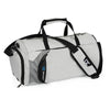 Light gray gym duffel bag with black shoulder strap and side zipper pocket, X sport logo.