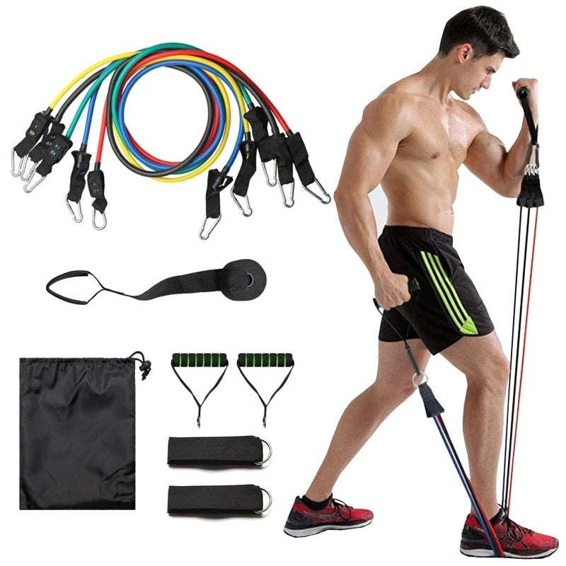Resistance band set with color bands, leg strap, and door anchor attachments