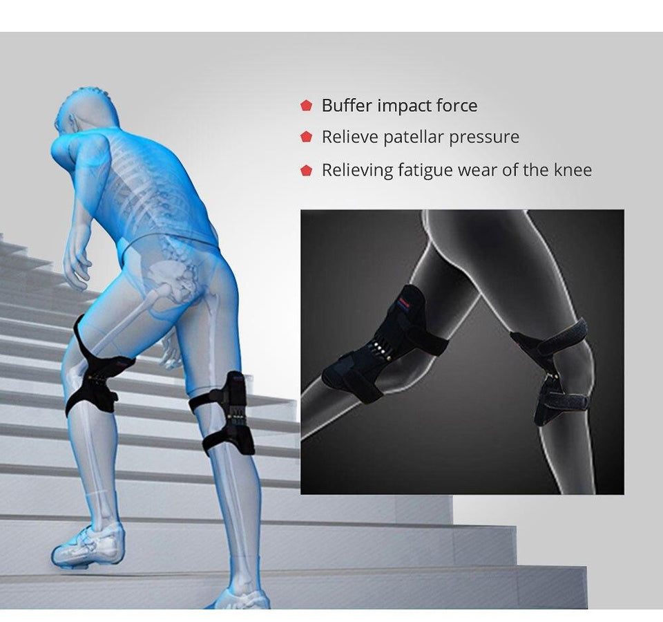 Black knee support pads on a leg with crisscross straps and metal studs
