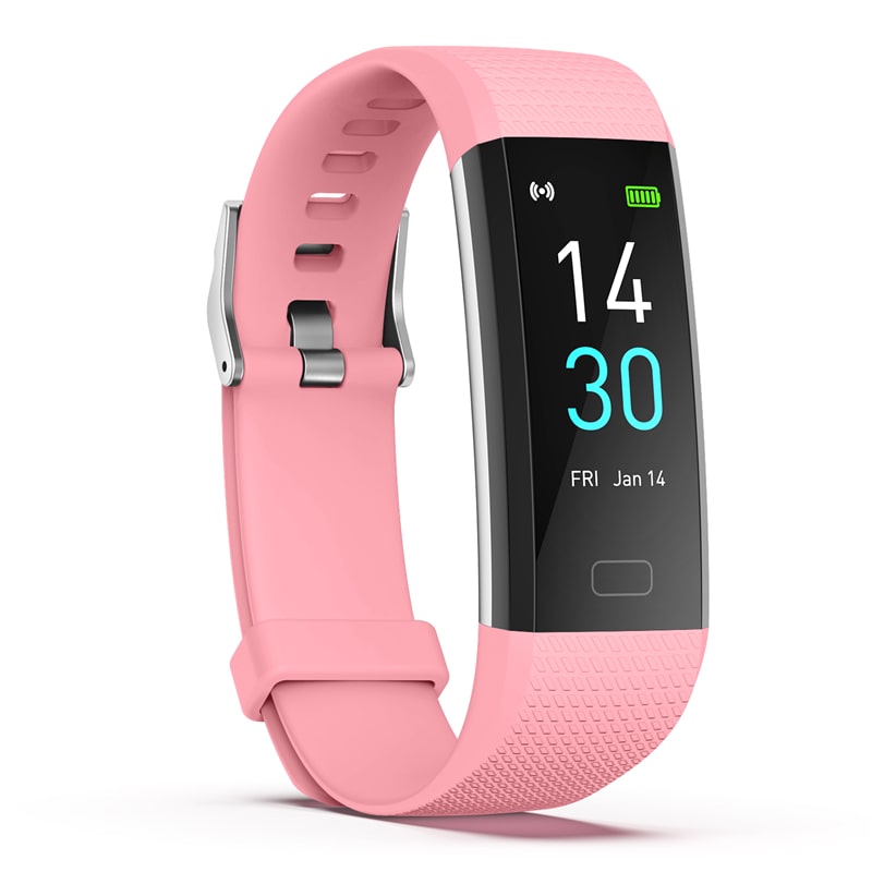 Pink smart fitness watch with silicone strap and black OLED display