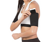 Black arm compression sleeve with pocket holding a smartphone at the upper arm.