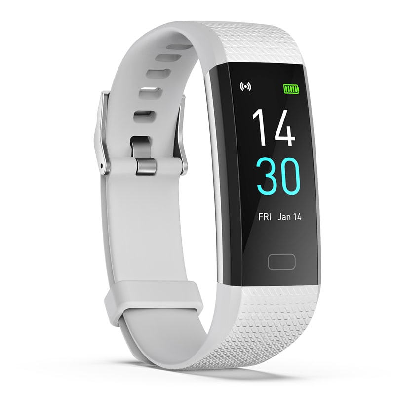 White silicone fitness smartwatch with black display and blue time 14:30