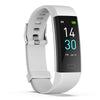 White silicone fitness smartwatch with black display and blue time 14:30