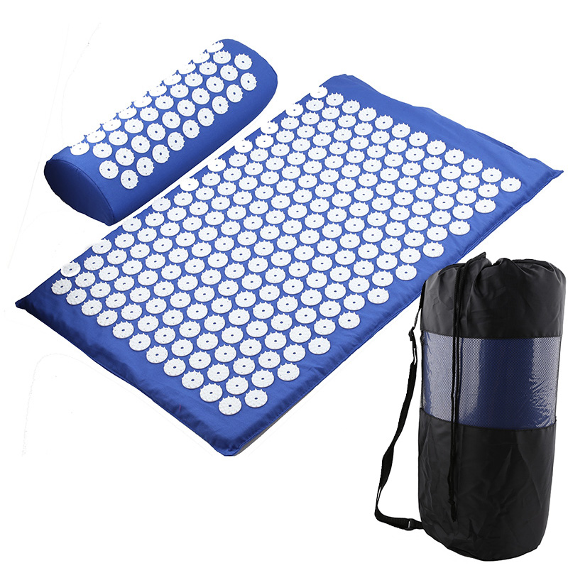 Blue acupressure yoga mat set with matching cushion and carrying bag