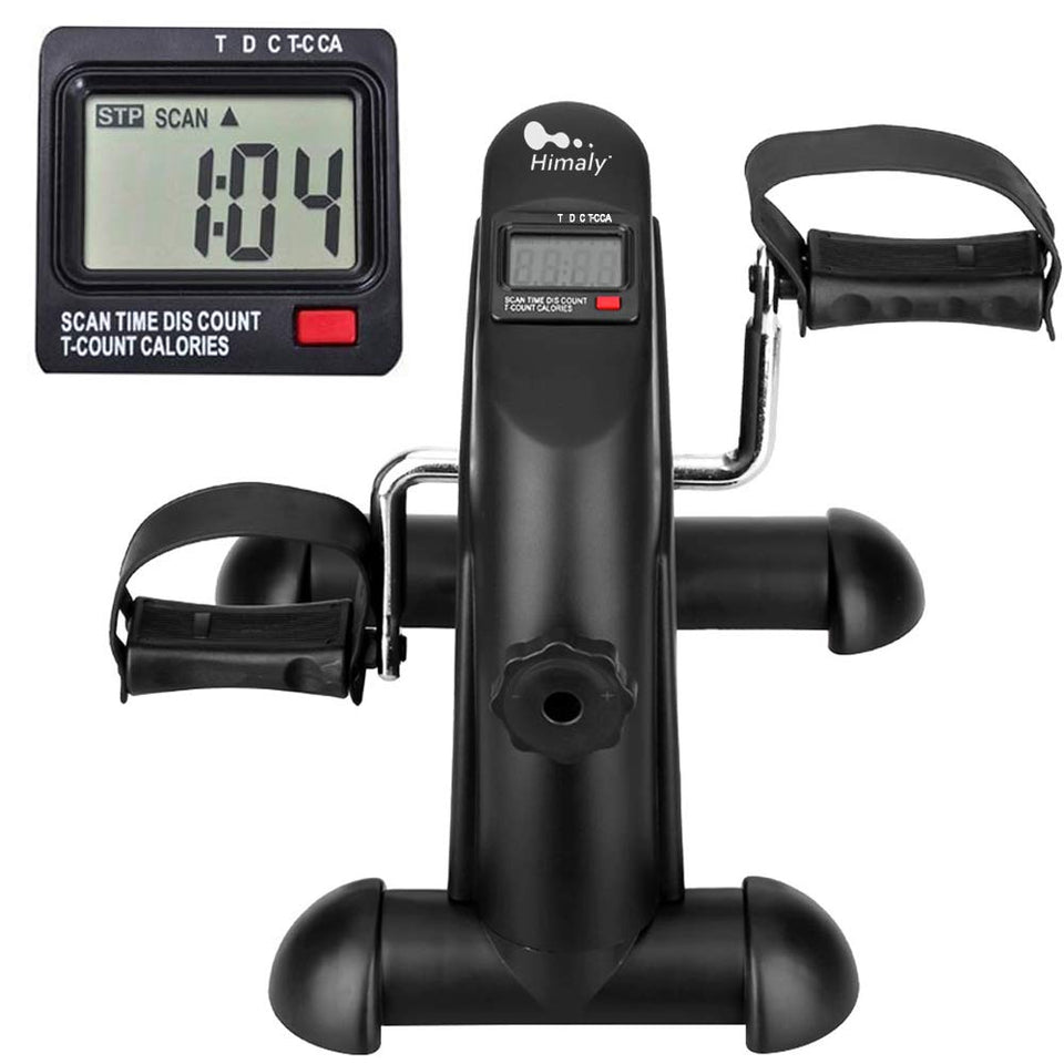 Mini LCD indoor cycle pedal exerciser, black unit with digital display and pedals