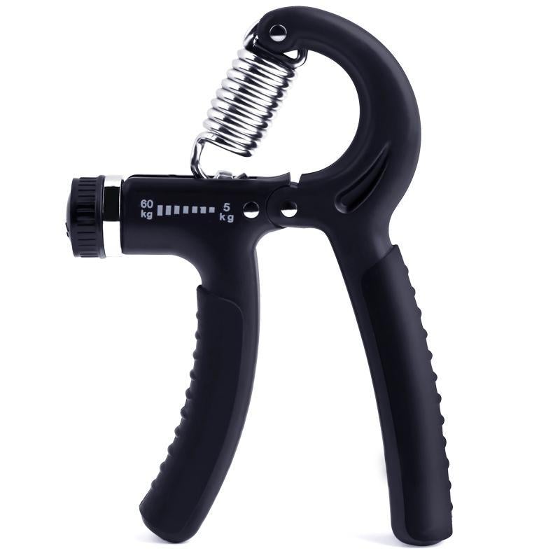 Adjustable hand gripper tool with black frame and spring