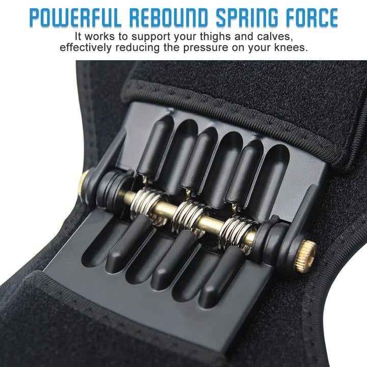 Close-up of black knee pad with embedded metal spring mechanism