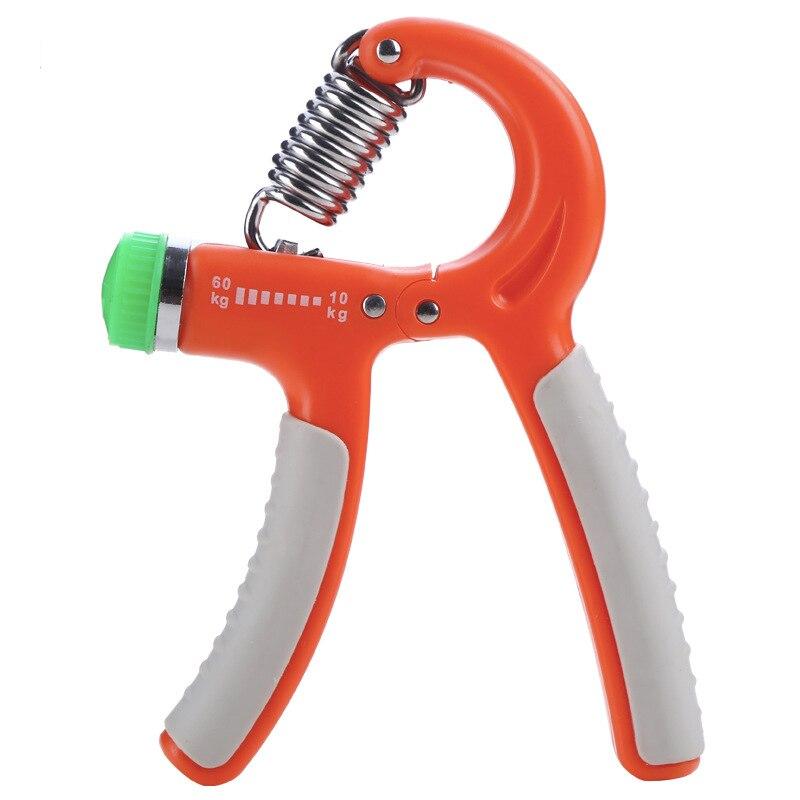 Adjustable hand gripper tool in orange with gray grip pads and spring