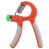 Adjustable hand gripper tool in orange with gray grip pads and spring