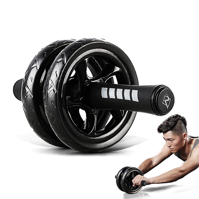 Double-wheel ab roller trainer with black wheels and two foam handle grips