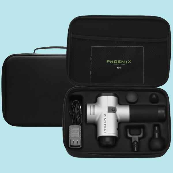 Black massage gun kit with case, PHOENIX X unit, and included charging cable
