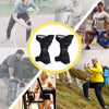 Black knee support pads shown as a pair with strap wraps and metal springs