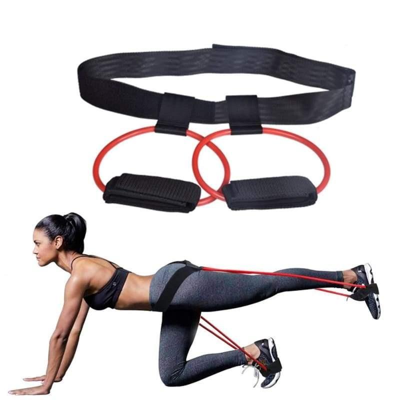 Booty resistance band set with red elastic loop and black ankle straps with handles