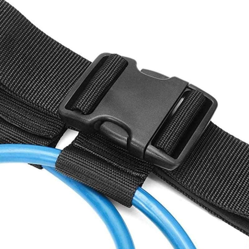 Black strap buckle with blue resistance band attachment piece